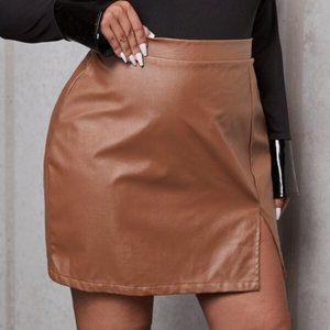 Plus faux leather Split Side Skirt brown